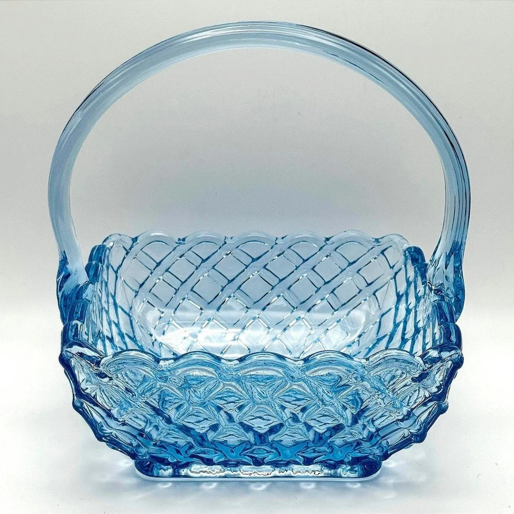 Vintage L.E. Smith Blue Glass Trellis Basket Woven Lattice Handle Cottagecore
